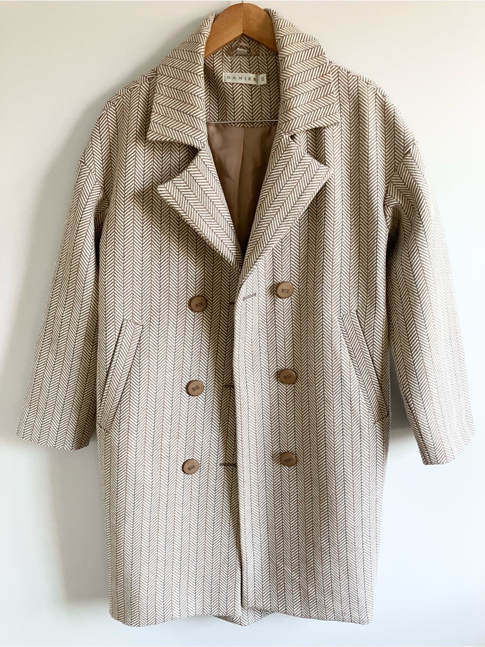 Vintage Daniel Beige Herringbone Double-Breasted Coat size XS wool blend